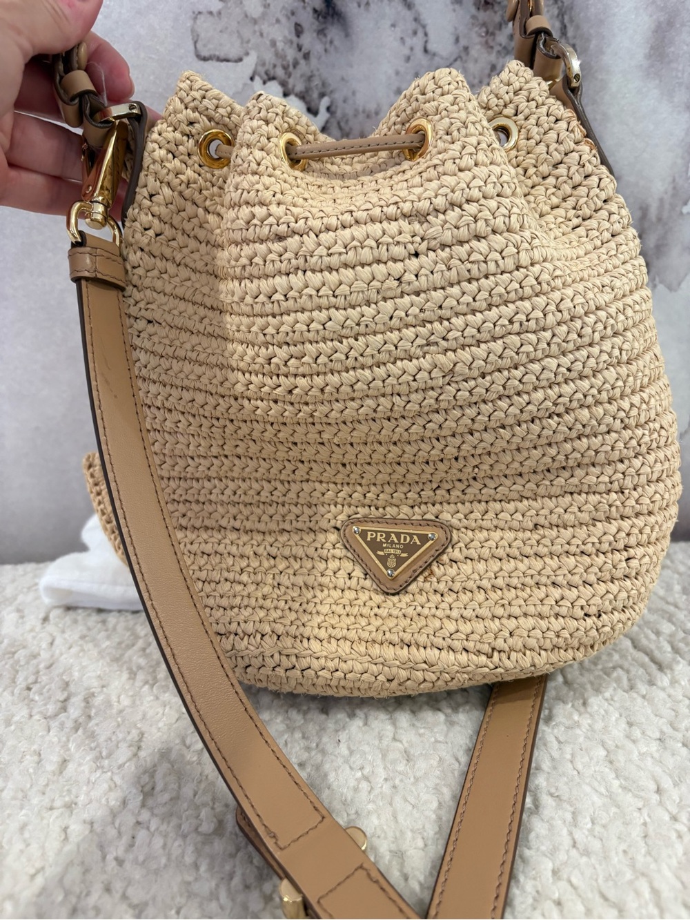 Prada Milano raffia and brown leather bucket tote with top handle and crossbody - Picture 3 of 9